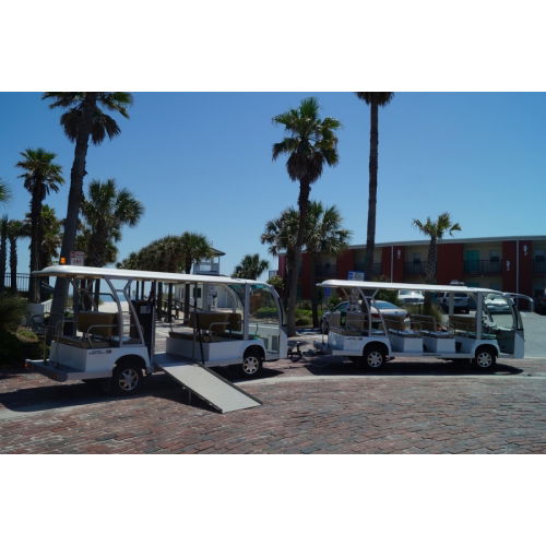 MotoEV Electro Transit Buddy 27 Passenger ADA Tram outside wheelchair open