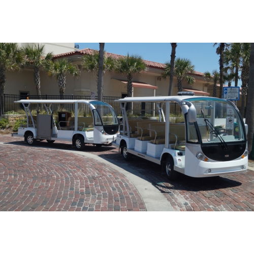MotoEV Electro Transit Buddy 27 Passenger ADA Tram outside white